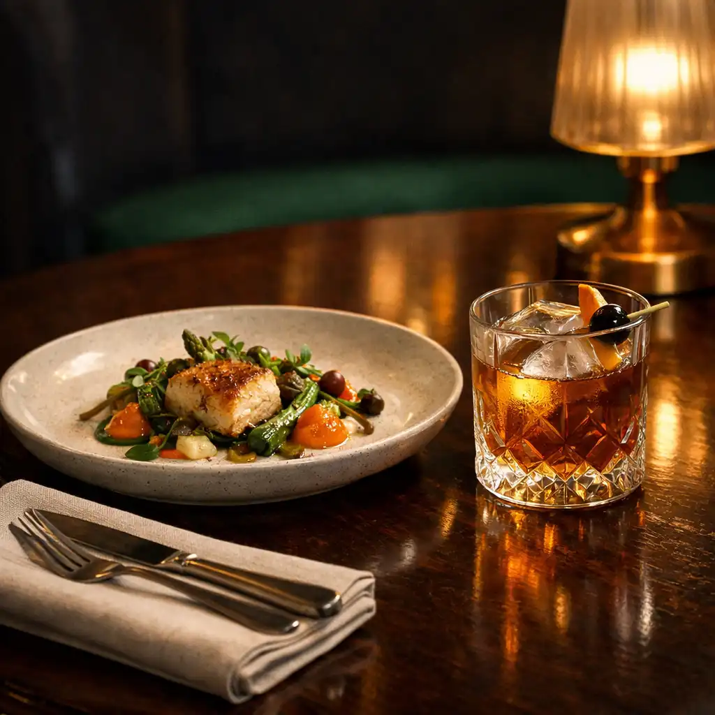 Gourmet dining plate and signature cocktail on a dark timber table