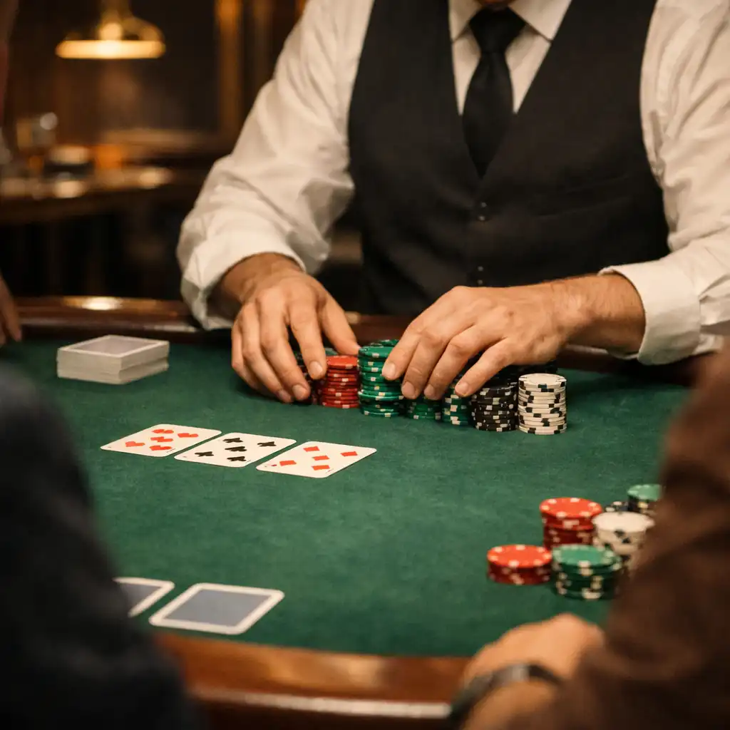 Experienced croupier arranging custom chips on an emerald felt poker table