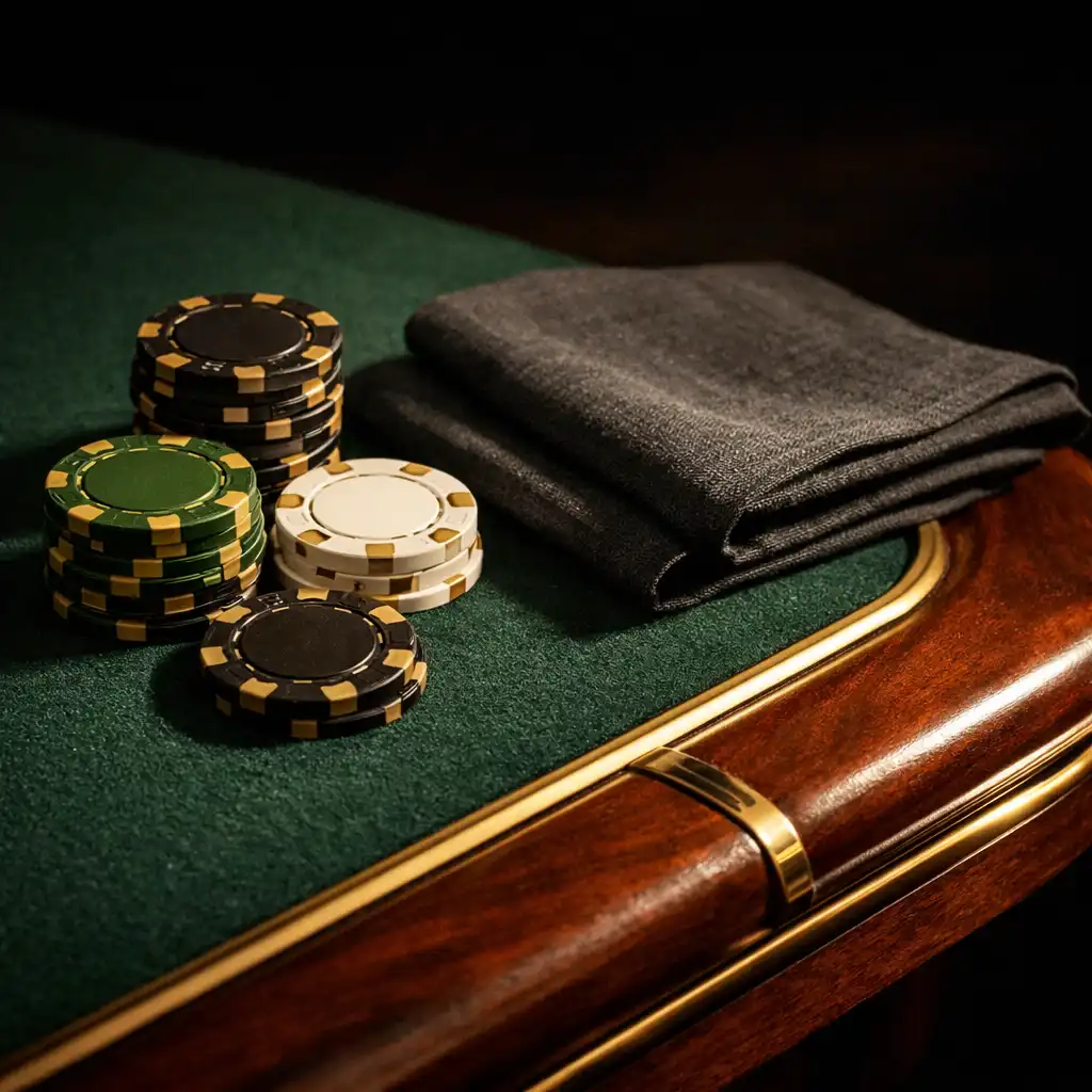 Emerald felt, custom chips, linen and brass trim on a poker table