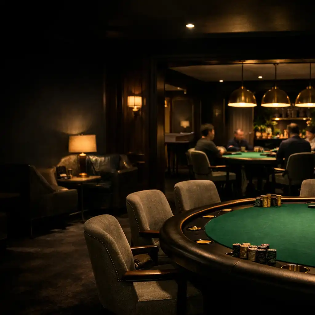 Emerald felt poker table in Crownandlinen’s warm, dark poker lounge