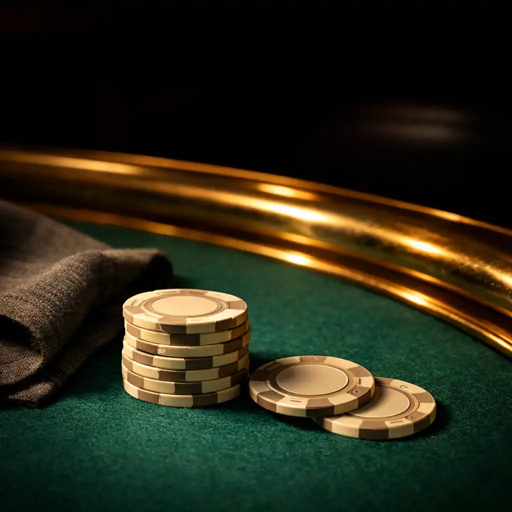 Neutral custom chips resting on rich emerald felt beside a brass table rail