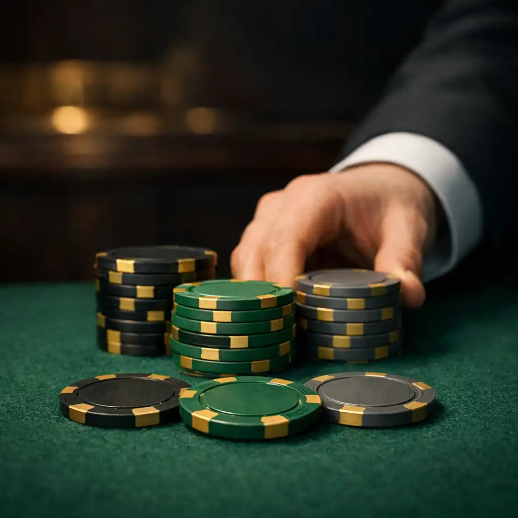 Custom poker chips being arranged on an emerald felt poker table