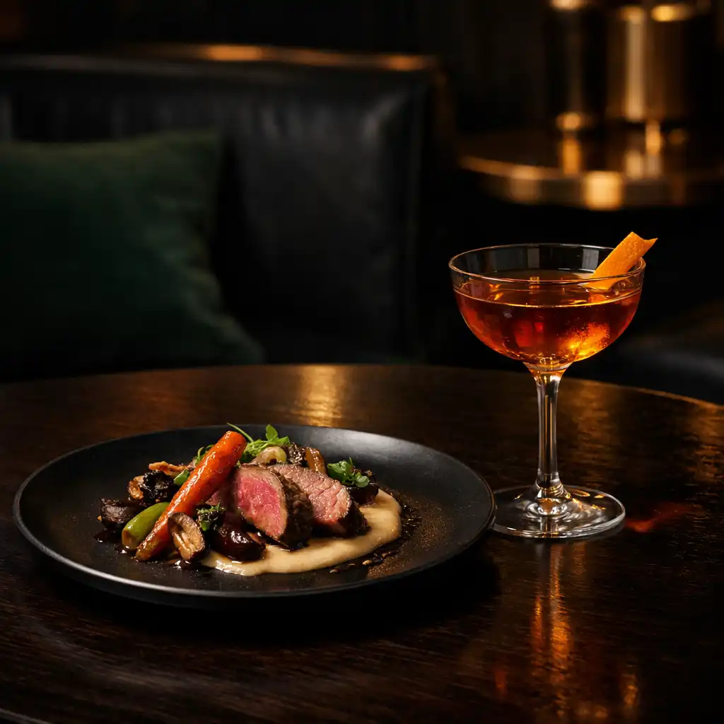 Gourmet plate and amber signature cocktail on a dark timber table