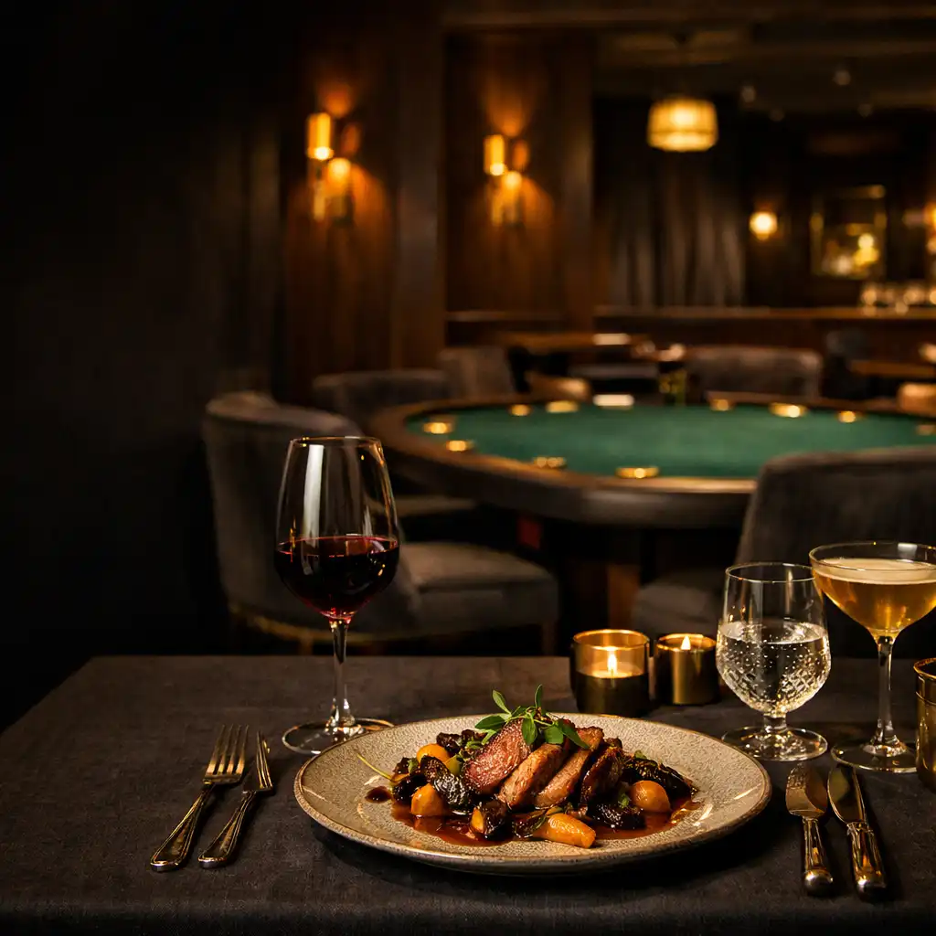 Gourmet dinner setting in Crownandlinen's lounge with an emerald felt poker table in the background