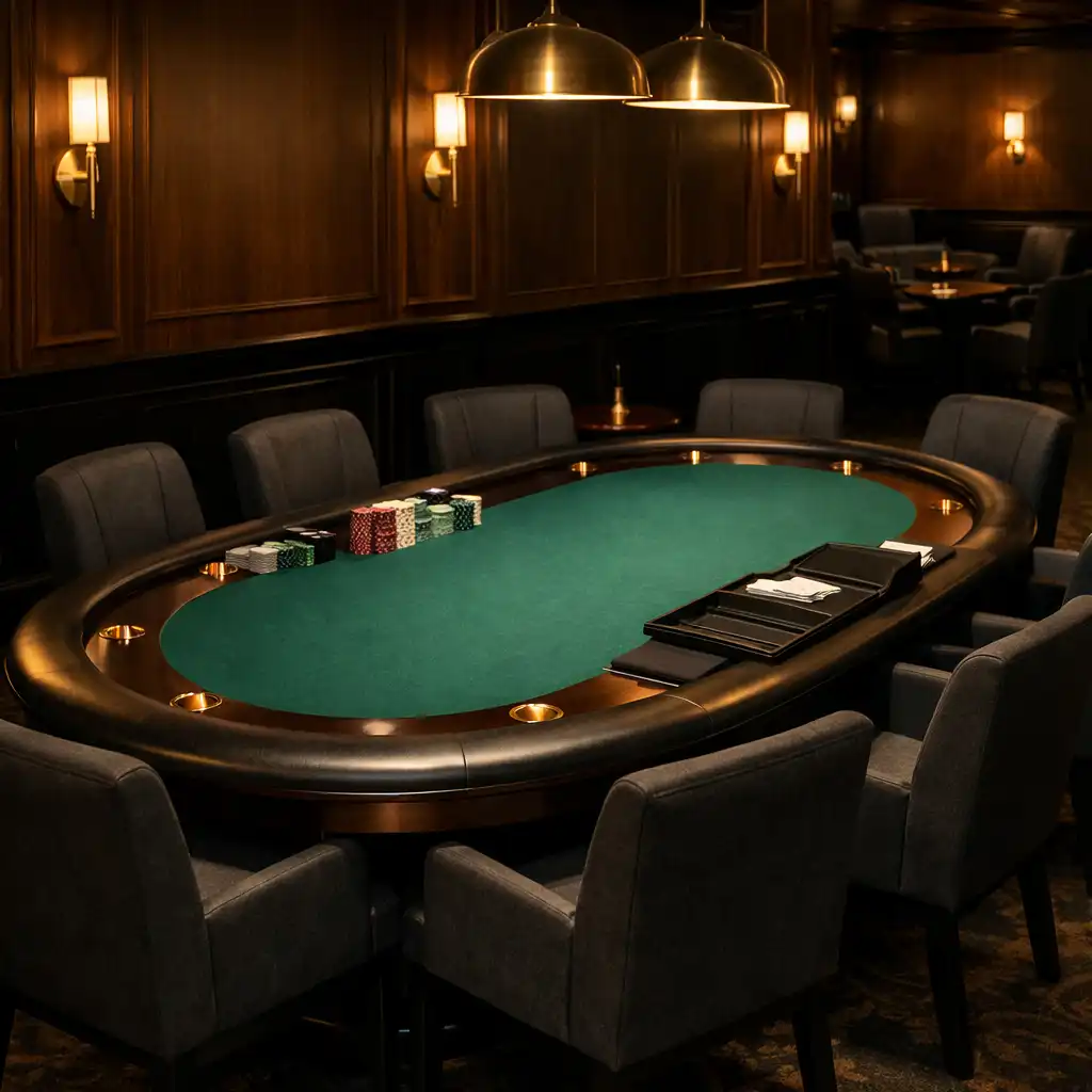 Professional emerald felt poker table in Crownandlinen's dedicated poker room