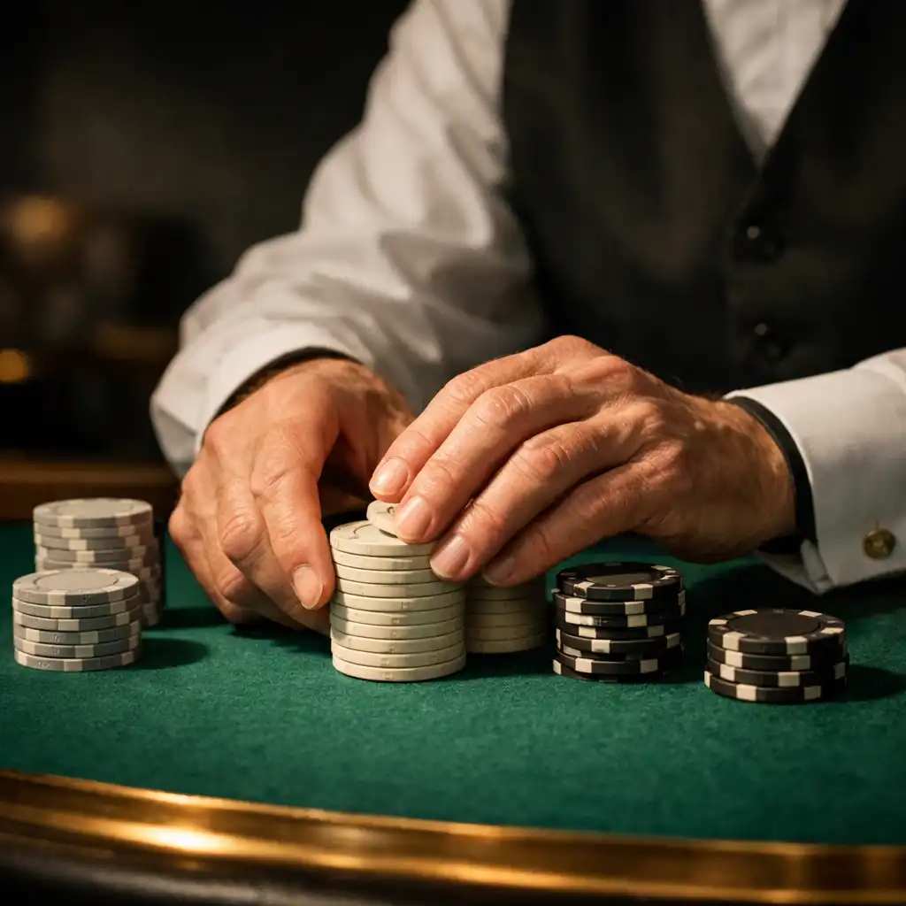 Experienced croupier arranging custom chips on an emerald felt poker table
