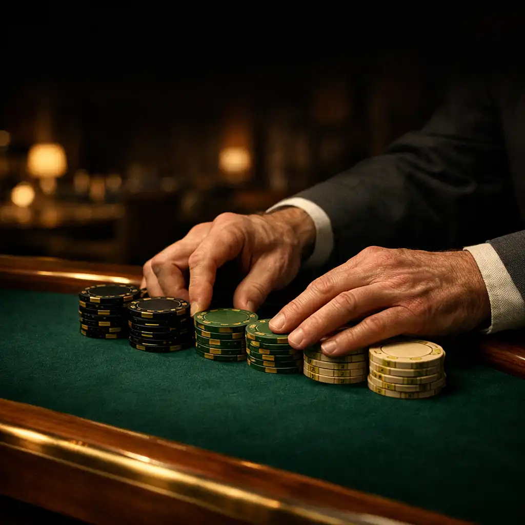 Experienced croupier preparing custom chips on a deep emerald felt poker table