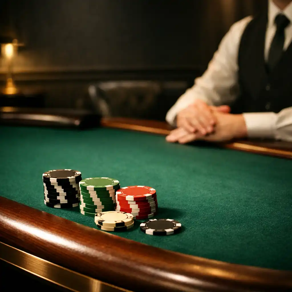 Close view of emerald felt, custom chips and timber rail at a professional poker table