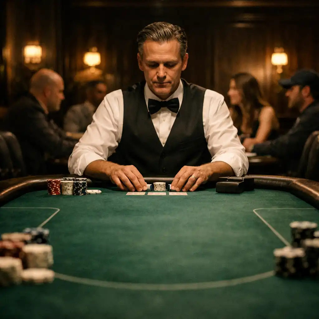 Experienced croupier at an emerald felt table in the offline poker room