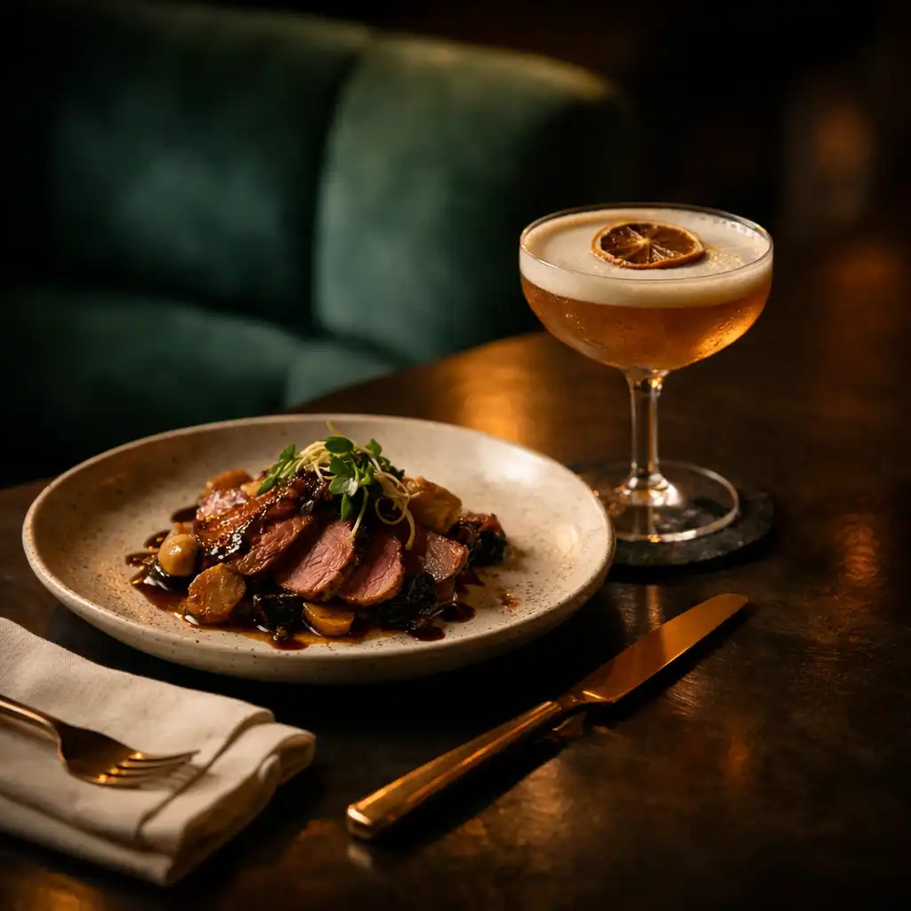 Refined plate and signature cocktail in Crownandlinen's dark lounge