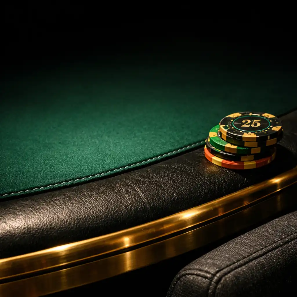 Close-up of stitched emerald felt, brass trim and custom chips