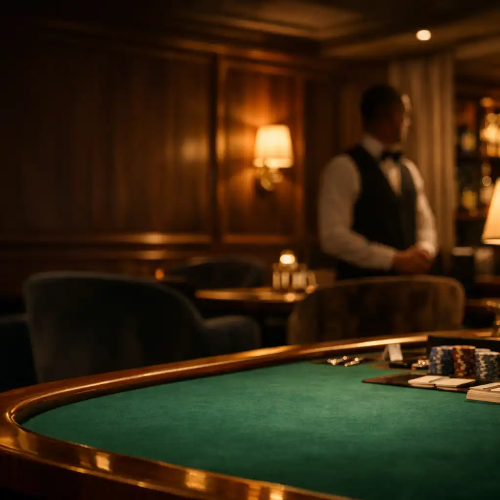 Professional emerald felt poker table in Crownandlinen's warm timber and brass lounge