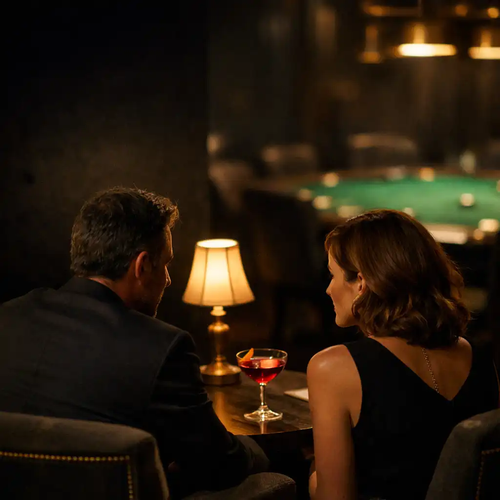 Two guests in charcoal lounge seating beside a signature cocktail near the poker room