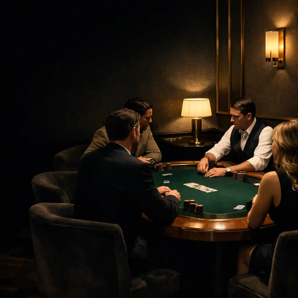 Professional emerald felt poker table in Crownandlinen's warmly lit physical poker lounge