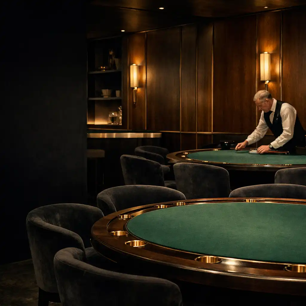 Emerald felt poker tables in the Crownandlinen physical poker room with warm timber and brass details