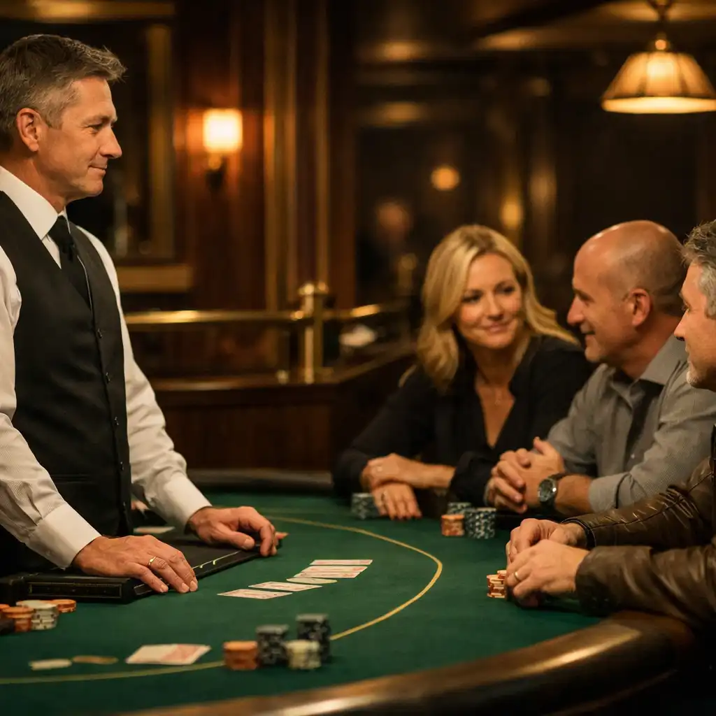 Experienced croupier guiding a friendly in-venue poker tournament at an emerald felt table