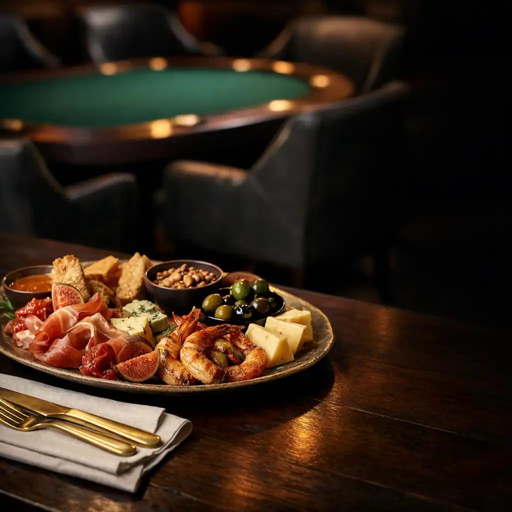 Shared gourmet plate on a dark timber table with an emerald felt poker table softly visible behind it