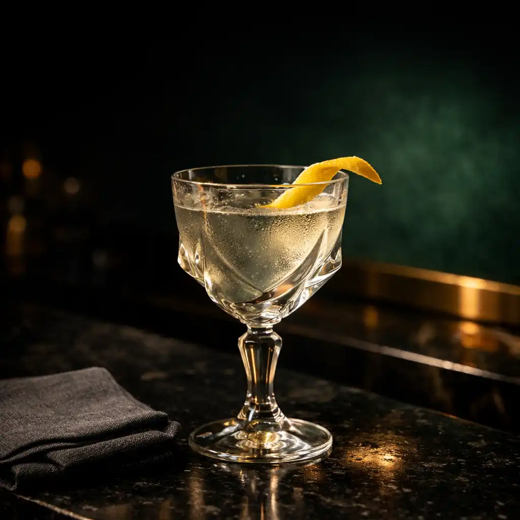 Elegant signature cocktail in a sculptural glass on a dark stone bar
